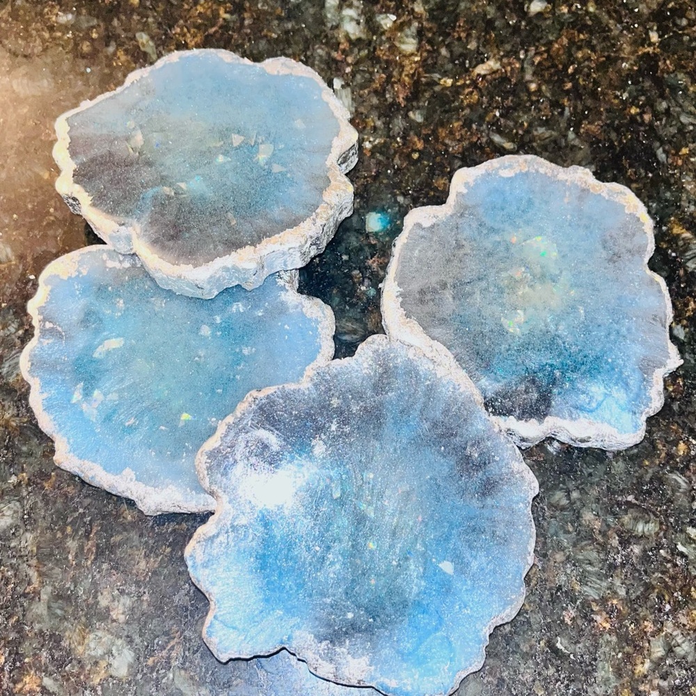 Geode Resin Coasters in Aqua, Light Blue, and Silver Leaf.. Handmade Set of 4